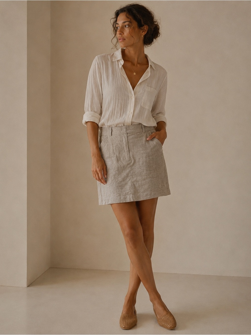 Rachel Zoe Beige Linen Blend A-Line Utility Mini Skirt w/Pockets Size 8